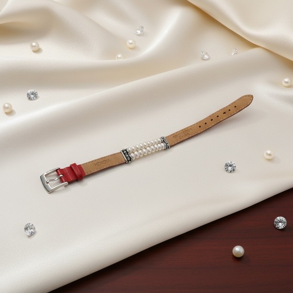 Honora Pearl & Red Leather Bracelet adjustable watch band - Picture 9 of 9